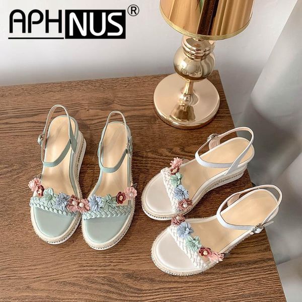 

aphnus womens sandals flowers ruffles trifle wedges mid high heels pumps woman 2020 shoes for women new, Black