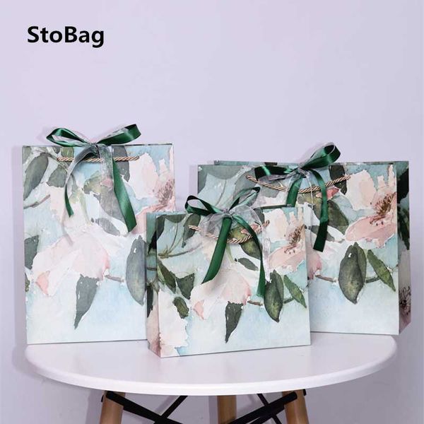 

stobag 5pcs protable paper bag gift baking biscut packaging decoration new year gift handle bag with ribbon oil painting flower