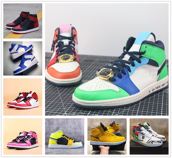 

jumpman 1 1s mid mens basketball shoes sneakers running shoe pine green black toe chicago women sports sneakers with box cv13