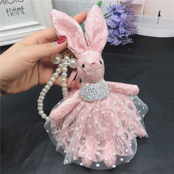 

luxury rhinestone lace rabbit pearl string car pendant car accessories ladies individuality women cute doll key chain bag orname, Slivery;golden