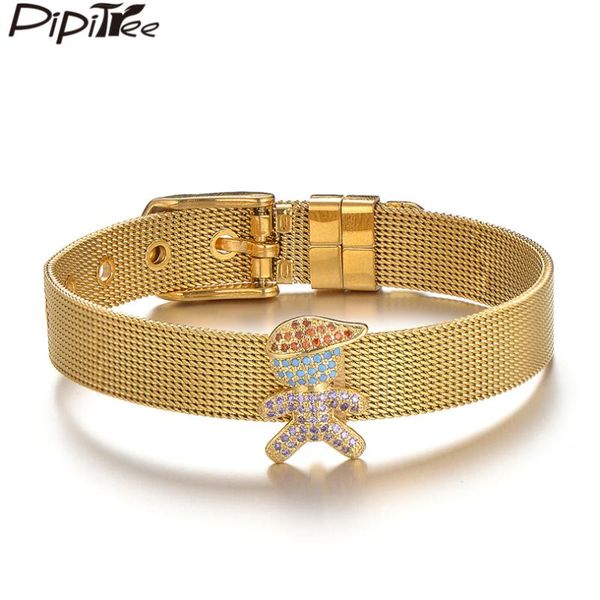 

charm bracelets pipitree fashion multi cz zircon boy girl bracelet family jewelry stainless steel mesh bangle buckle for women, Golden;silver