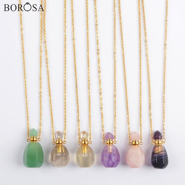 

borosa natural gems stones women perfume bottle necklace 19'' gold amethysts crystal quartz essential oil diffuser necklace, Silver