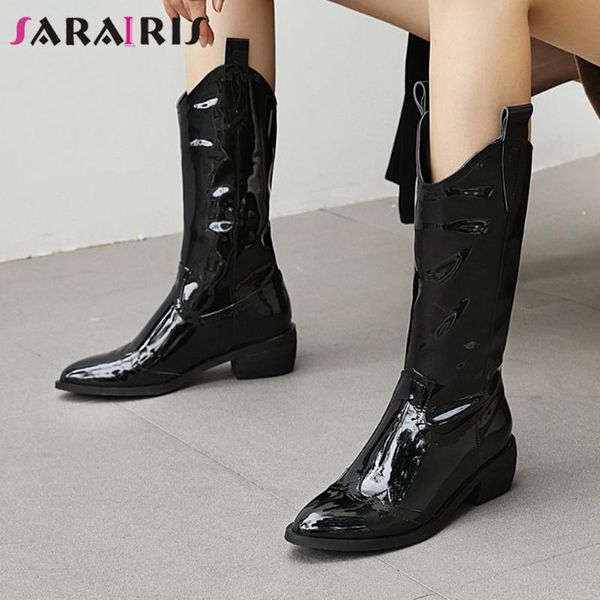 

sarairis 2020 med chunky heels boots fashion office metallic western boots women elegant mid-calf shoes woman, Black