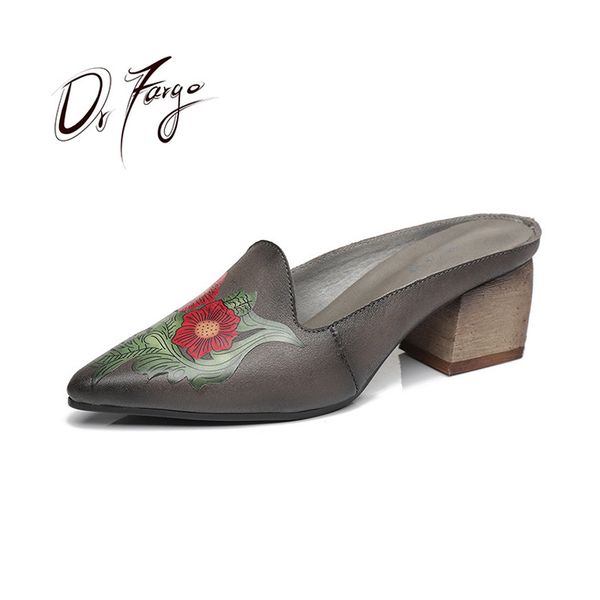

summer women shoe floral mules 6cm squre heel pointed toe retro pattern slip on genuine leather slippers femme chaussure zapatos, Black