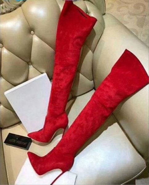 

plus size 45 red black over the knee thigh high boots pointed toe gold metal heels stretch fabric women high boots customized