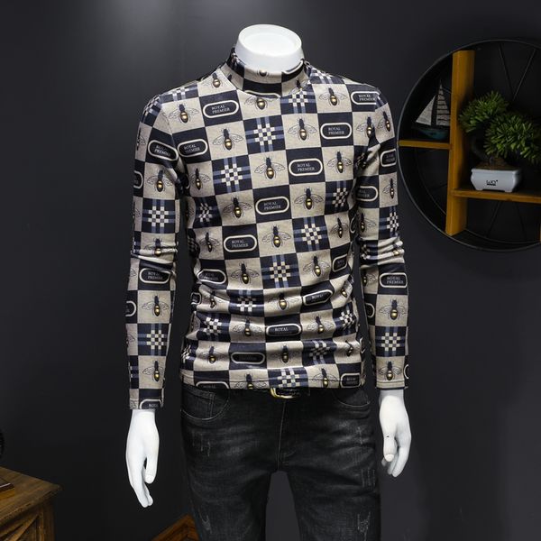 

men's european and american bee printing plus velvet thickening long-sleeved t-shirt men's boutique business all-match bottoming s, White;black