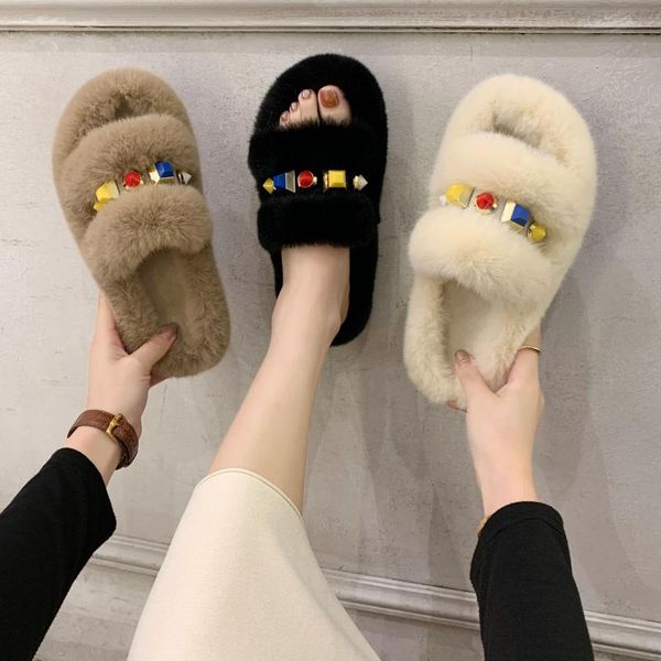 

fashion winter beaded women home slippers faux fur warm shoes furry slip on flats female house slides plush slippers 2020, Black