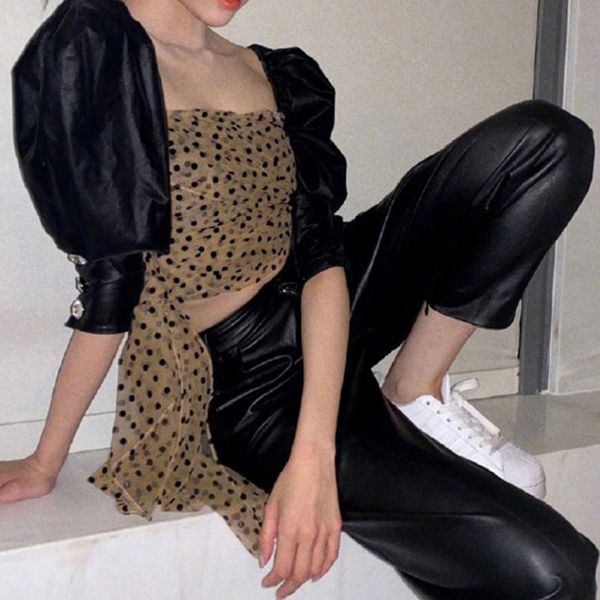 

high street new stylish 2020 runway suit set women's square collar puff sleeve polka dot gauze short blouse pants set, Gray