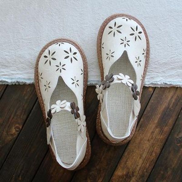 

petal hollow literary retro round head summer cotton and linen comfortable all-match women's shoes sandals, Black