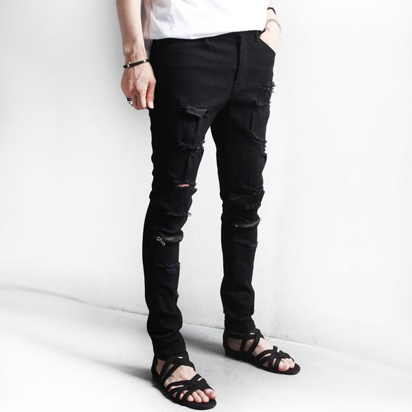 

2020 zipper decoration hole beggar pants male jeans trousers skinny pants personality male tight pencil, Blue