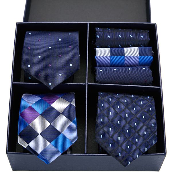 

luxury design navy tie set silk tie men 7.5 cm 3type dot plaid gift box set men & handkerchief gl-17, Black;gray