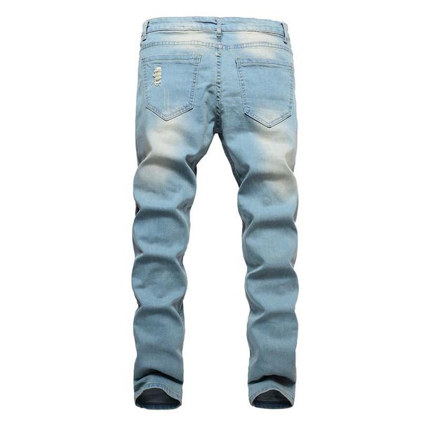 

straight men jeans vintage denim pants hole jean homme, Blue