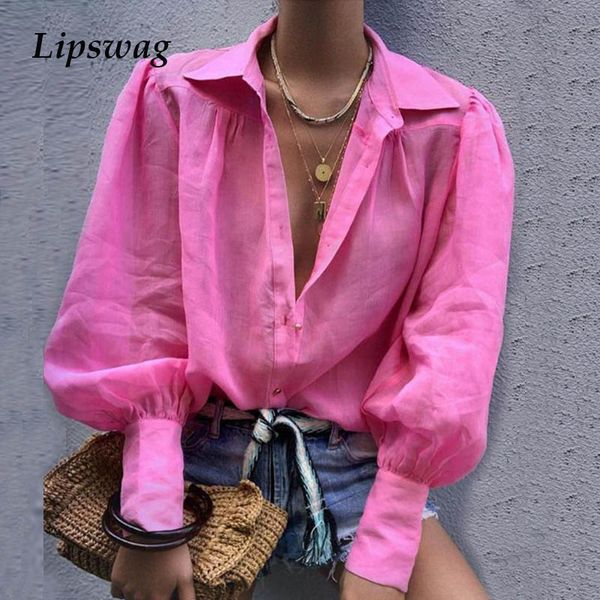 

lipswag autumn notched collar blouse women lantern long sleeve button blusa loose shirt solid color femme blouses, White