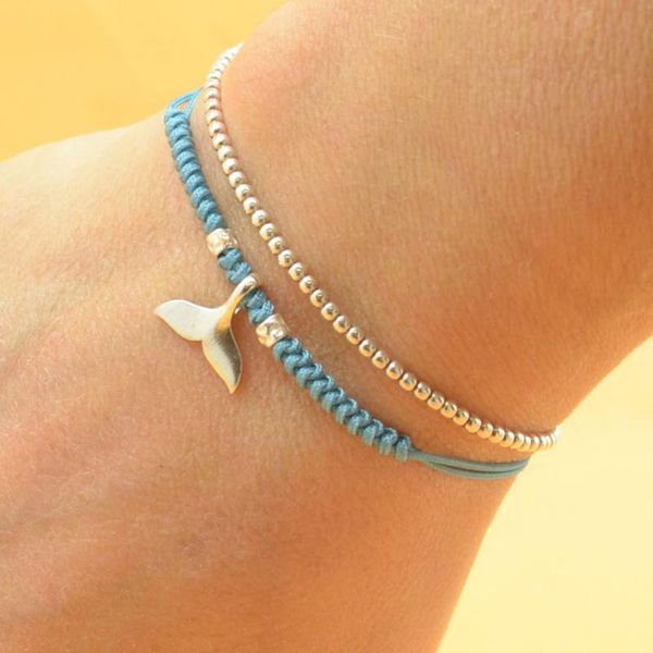 

charm bracelets vintage silver color dolphin tail shape pendant bracelet blue cord handmade adjustable jewelry daily, Golden;silver