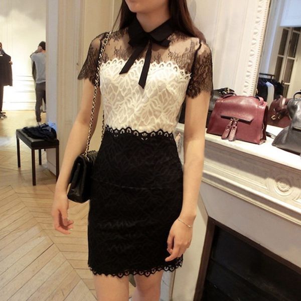 

sandro 2020 spring/summer new tang yan same black and white color matching sweet lace bow dress dresslace dressslim dress bonhi, Black;gray