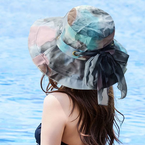 

female bucket hat women's floral print bowknot decorated casual sun hat sun-resistant fashionable summer fisherman cap, Blue;gray