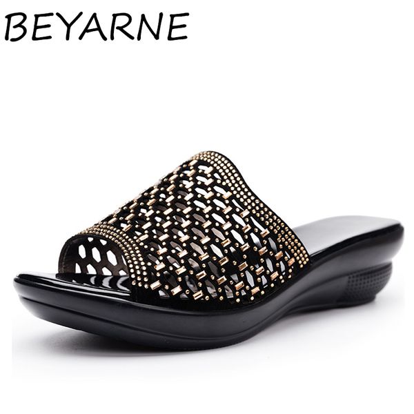 

beyarne women slipper 2020 ladies summer slippers shoes women wedges heels fashion summer genuine leather platform shoes, Black