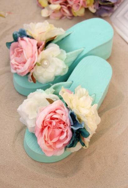 

flower beach flip-flops thick bottom muffins female cool slippers high-heeled wedge sandals in summer, Black