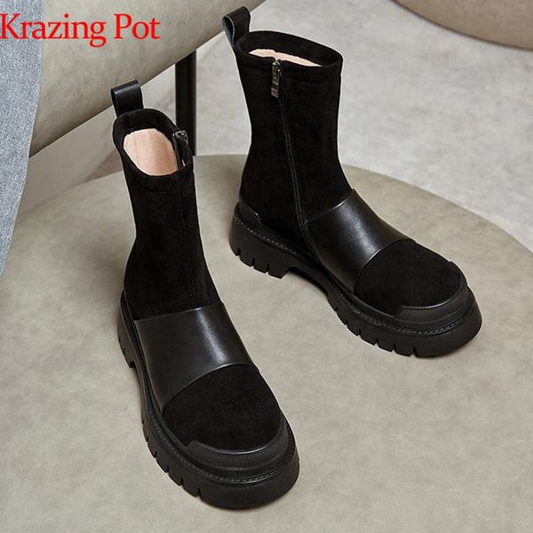 

krazing pot genuine leather flock material french romance platform round toe med heels winter season zipper mid-calf boots l86, Black
