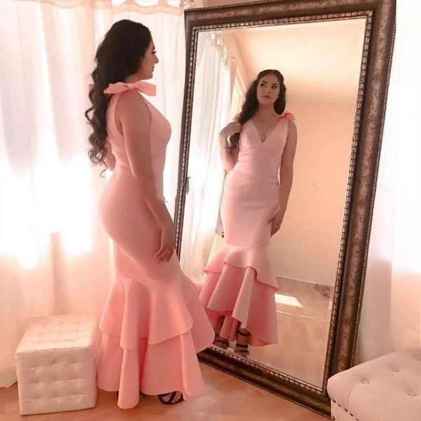 

little high low tiered mermaid prom dresses with bows v neckline cocktail party dresses evening gowns zipper back bridesmaid dress, Black