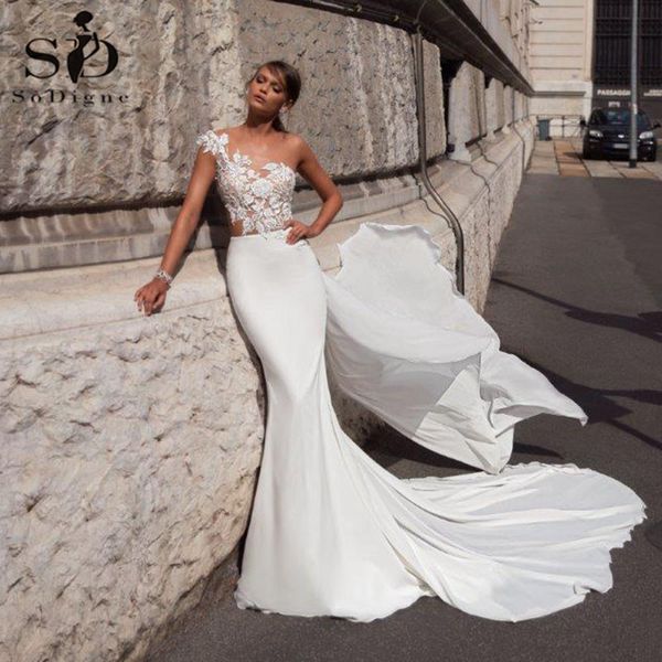 

Mermaid Wedding Dresses with Wrap One Shoulder Illusion Lace Top Beach Wedding Gowns Bohemian Bride Dress, Custom made from color chart