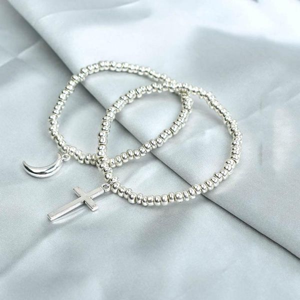 

charm bracelets handmade women metal jewelry stretch elastic bead bracelet silver color cross moon bangles, Golden;silver