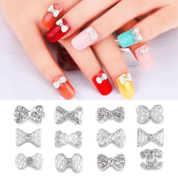 

10pcs 3d alloy rhinestone pearl bow tie nail art decorations crystal diy nail glitter accessories glitter jewelry supplies, Silver;gold