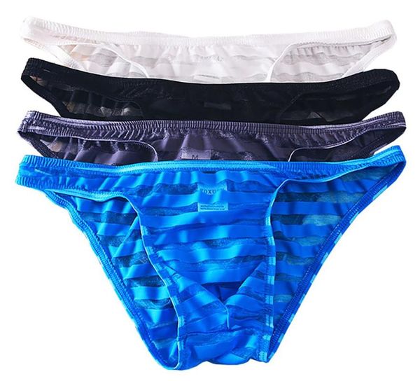 

new men's underwear transparent striped underwear breathable mesh triangle bikini low waist lace shorts, Black;white