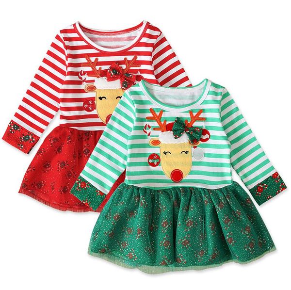 

new year christmas clothing children long sleeve halloween tutu dresses ins striped elk baby girls one piece dress kids party clothes e92701, Red;yellow
