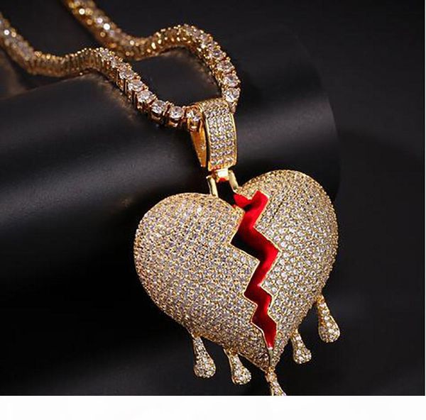 

14k iced out алмазные капельное broken heart ожерелье bling micro pave фианитами моделируемой diamonds 4мм 20inch теннис цепи hip hop, Silver