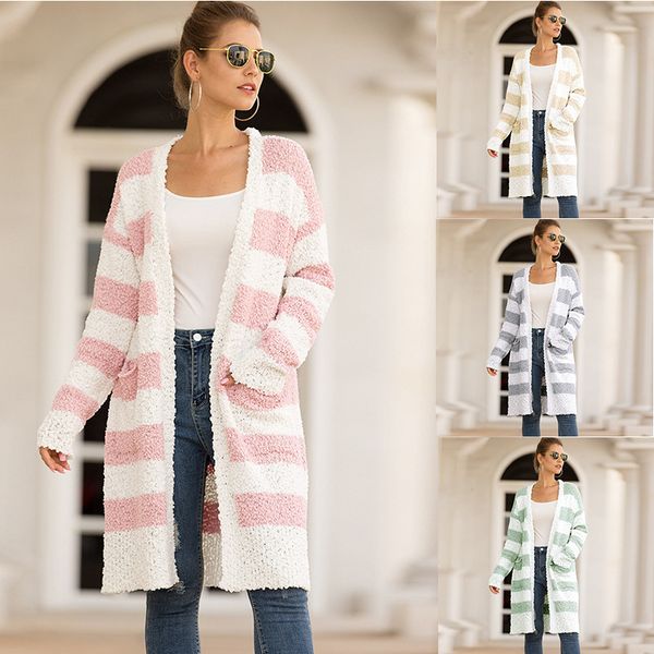 

2020 autumn and winter new knitted sweater womens european and american selling particle velvet stripe spell color sweater cardigan, White