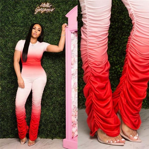 

flared stacked pants sports suit womens designer jumpsuits casual gradient color pleated split rompers short sleeve top, Black;white