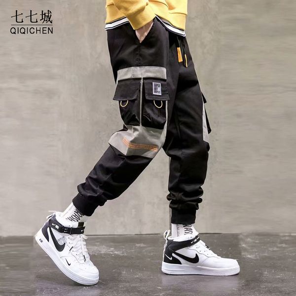 

ribbons harem pant men hip hop joggers cargo pants streetwear casual pockets track pantalon male harajuku 2020 fashion trousers, Black