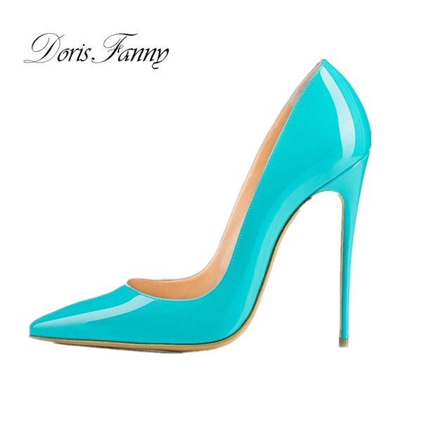 

doris fanny brand stiletto red bottom high heels patent leather dress shoes pointed toe thin heel designer wedding shoes size 45, Black