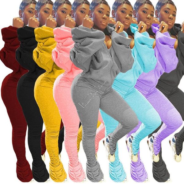 

women trasksuit two pieces outfits off shoulder hooded jacket backless zipper pleated pants solid color autumn winter sports suit d9108, White