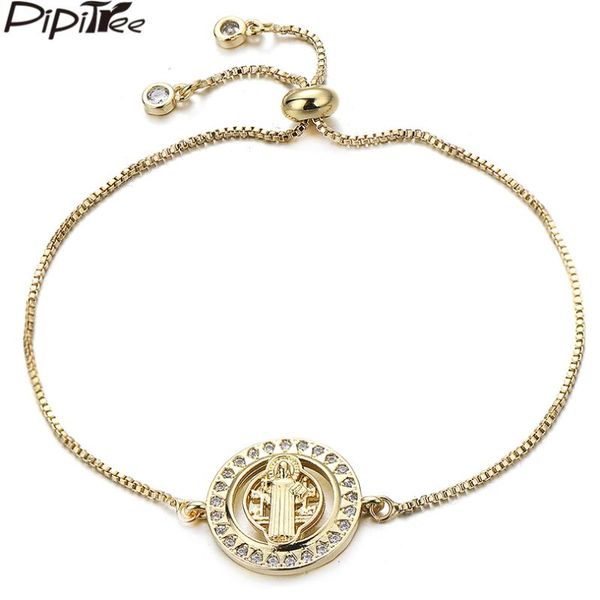 

pipitree cubic zirconia round charm bracelet with father jesus in middle adjustable chain religious bracelets for men women, Red;blue