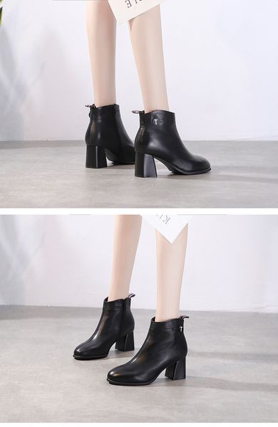 

women's boots leather martin chunky heel high heel ankle boots fashion versatile round head plus velvet fashion nude boots layer leathe, Black