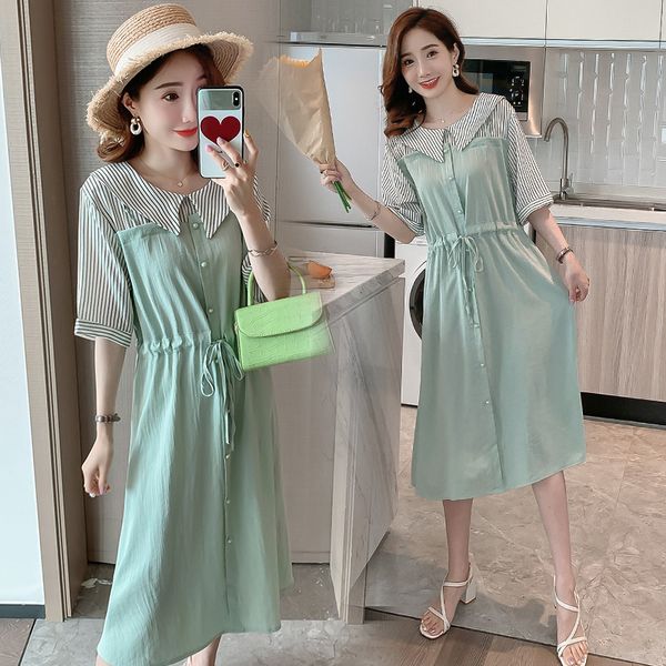 

910# maternity clothes summer short sleeve turn down collar loose stylish dress for pregnant women pregnancy clothes, White
