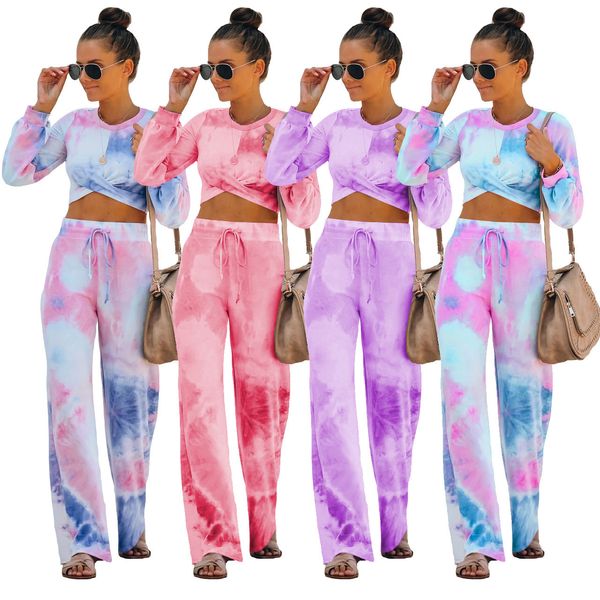 

women's clothing 2 piece set and comfortable leisure sports cotton tie dye gradual change home suit sale, White