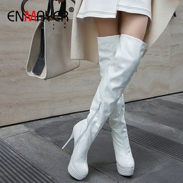 

boots enmayer 2021 patent leather round toe super high over the knee luxury shoes women designers heel 34-43, Black