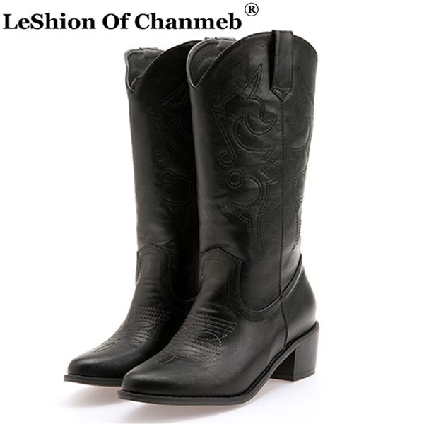 

колено высокие ретро вышитые сапоги женщины заостренные toe spike котенок пятки зимы western cowboy длинные сапоги блочные каблуки knight, Black