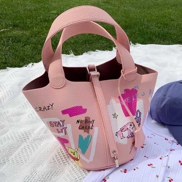 

candy color printing basket bucket bags portable korean cute messenger bags kawaii japanese design lady handbags graffiti