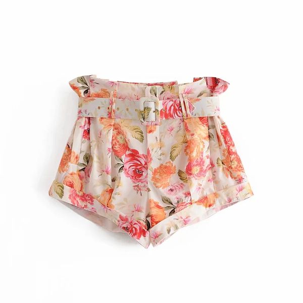

2020 summer clothing women's shorts summer new women's fashion fashion with slim waist with belt flower print pocket shorts, White;black