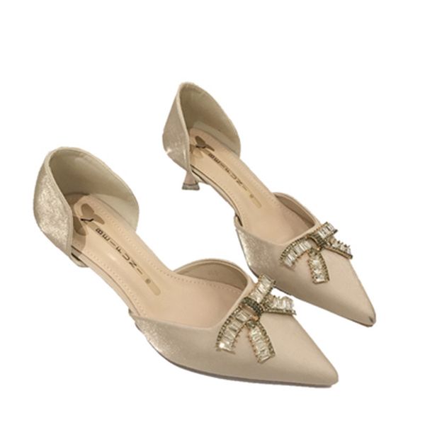 

pointed bow french small high heel 2020 new sandals female summer baotou fine heel simple fairy style red shoes, Black