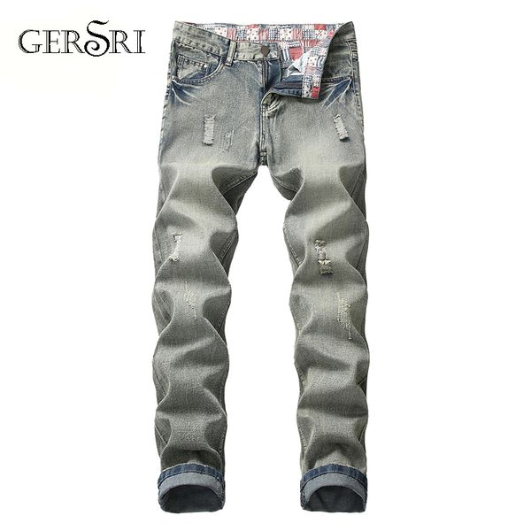 

gersri дизайнерский бренд men jeans тощий рваные разрушенный stretch slim fit hop hop брюки с плюс размер брюки для мужчин, Blue