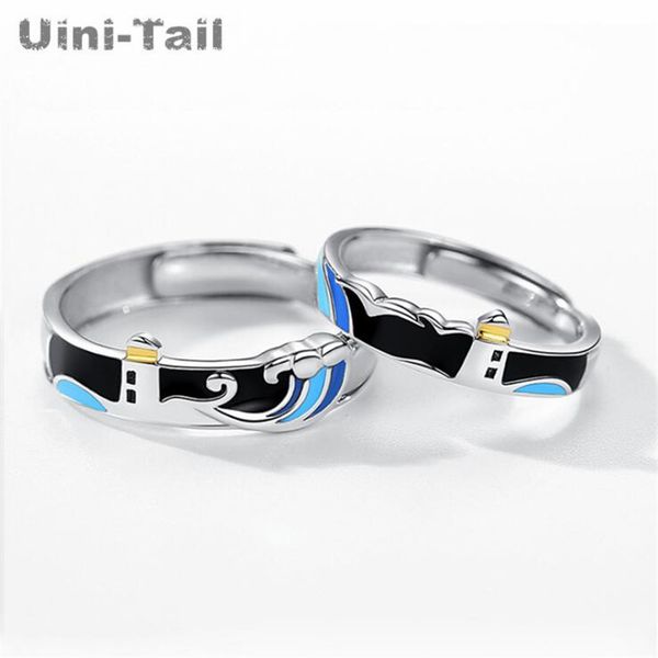 

uini-tail new 925 sterling silver original watch lovers open lovers ring sweet romantic wave lighthouse high quality, Golden;silver