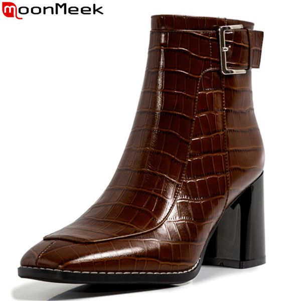 

boots moonmeek 2021 genuine leather fashion square toe high heels ladies shoes autumn winter buckle ankle for woman, Black