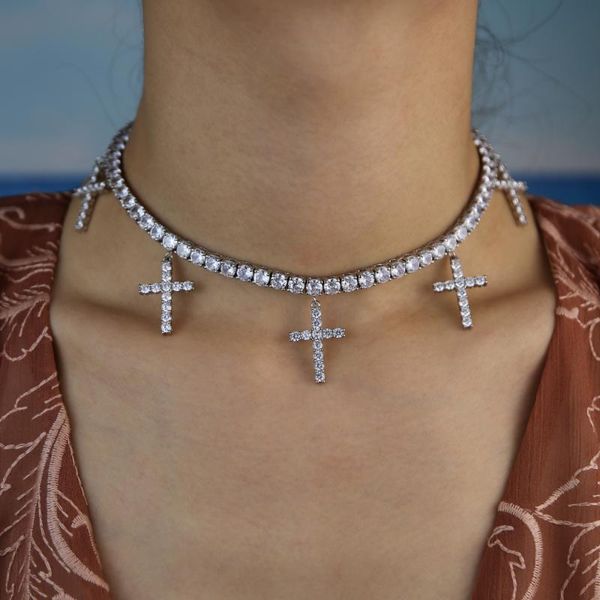 

women cross pendant choker necklace full cubic zirconia pved iced out bing 5mm cz tennis chain hip hop necklace jewelry 32+10cm, Silver