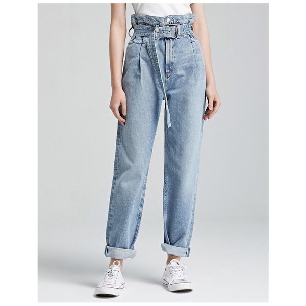 

8.24 high waist straight-leg pants with belt bud jeans casual loose wide leg trousers women, Blue