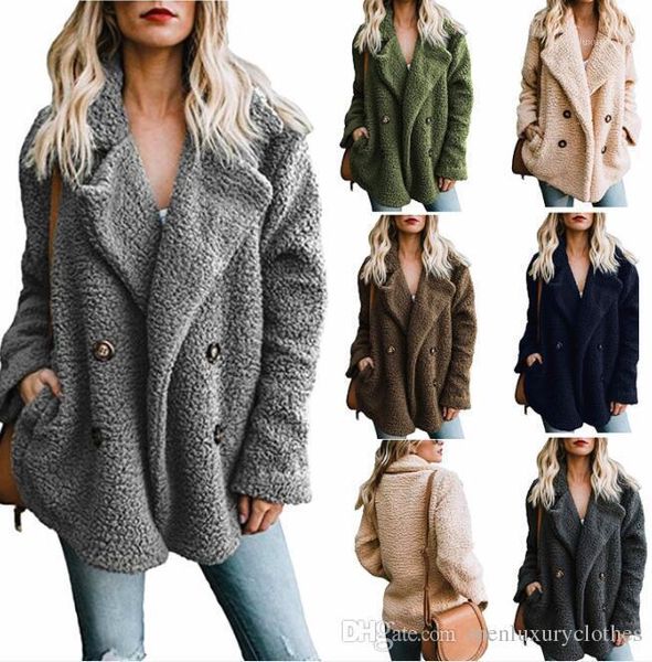 

turn down воротник карман конструктора зимние пальто женщины плюша сплошной цвет куртки кнопки, Black;brown